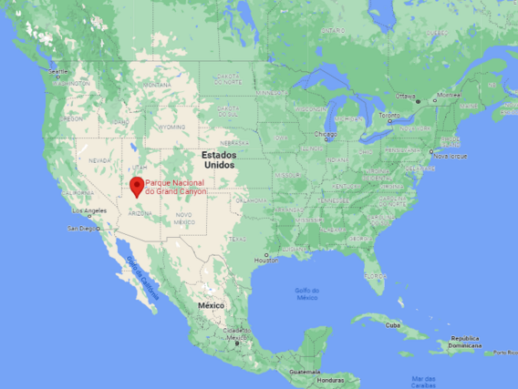 Localização do Parque Nacional do Grand Canyon, Arizona, em uma visualização do Google Maps da América do Norte.