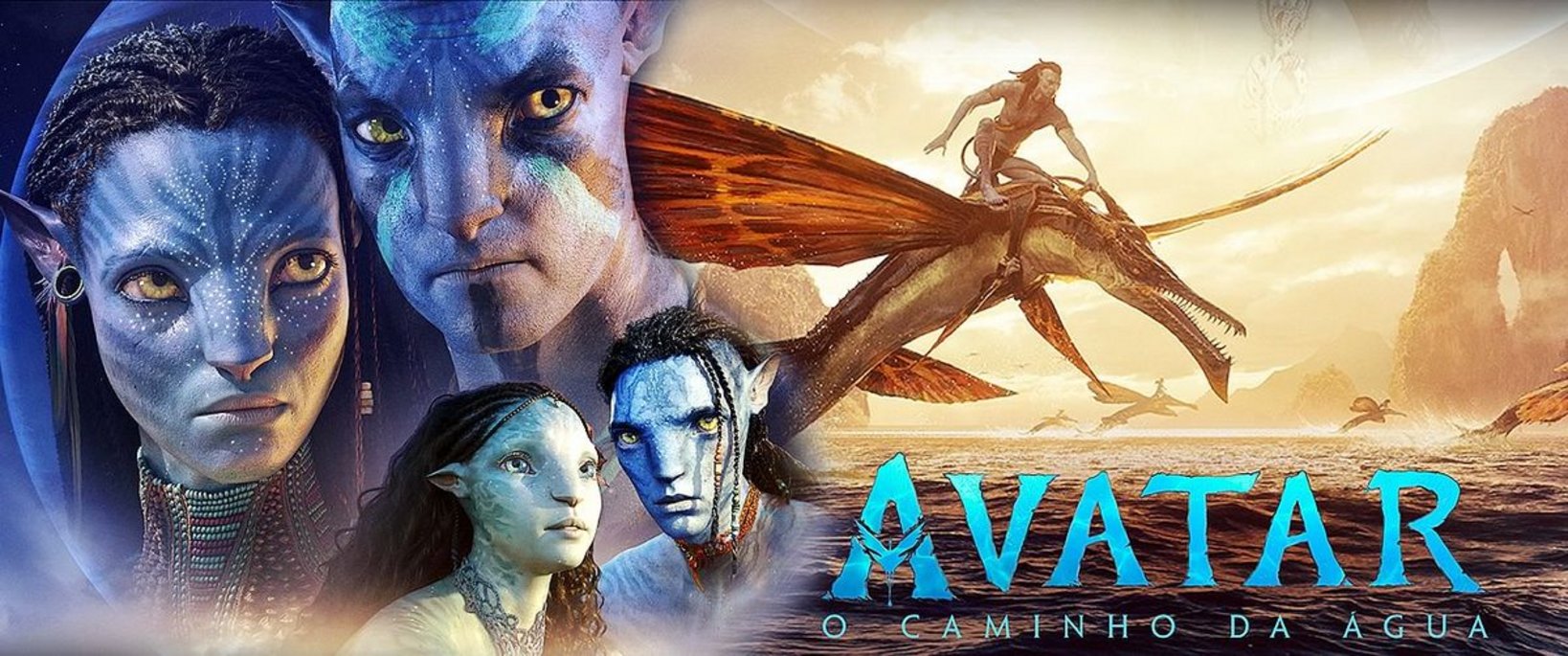 À esquerda, você pode ver os rostos de Jake Sully, Neytiri, Lo'ak e Ronal. À esquerda, Jake Sully monta em uma criatura marinha