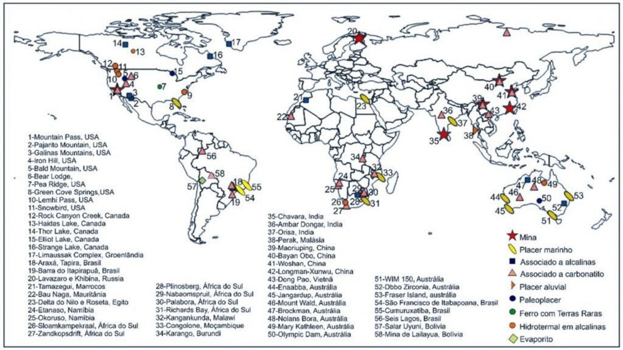 Mapa mundial com depósitos e ocorrências de ETR no mundo, de acordo com sua origem, destacando aqueles que já são minas.