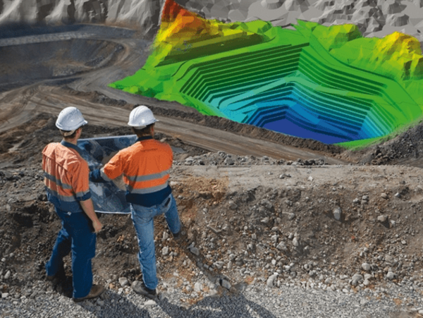 Dois trabalhadores em frente a uma paisagem semirreal de mineração a céu aberto