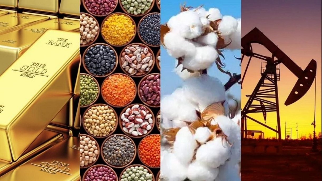 Exemplos de matérias-primas do setor agrícola e mineral: barras de ouro, várias leguminosas, algodão, produção de petróleo