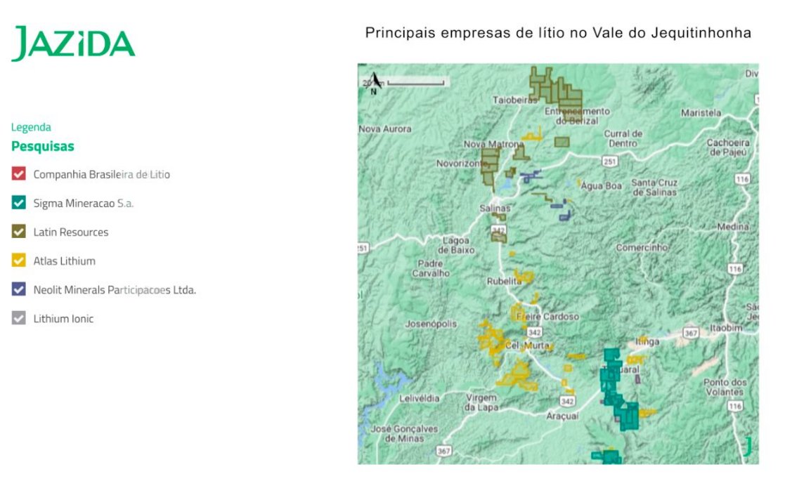 Mapa com as empresas mais importantes do Vale do Jequitinhonha