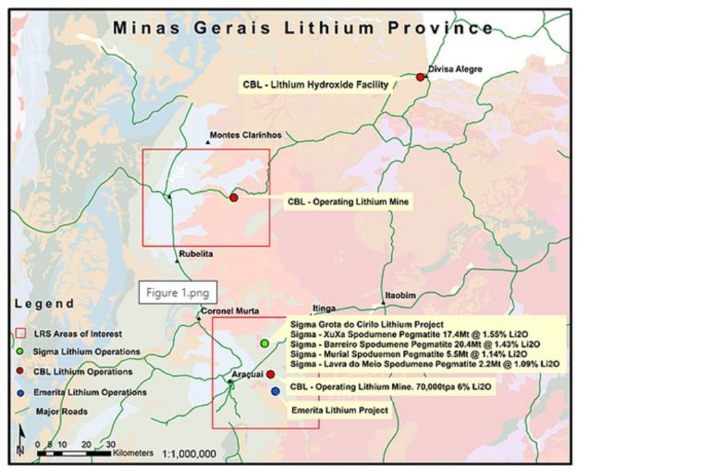 Mapa dos depósitos de lítio em Minas Gerais