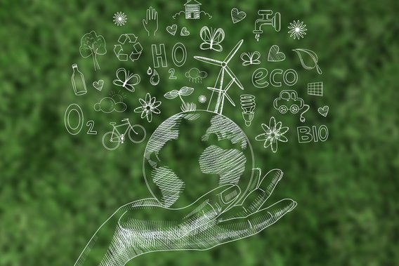 Ícones desenhados sobre o tema da sustentabilidade em um fundo verde