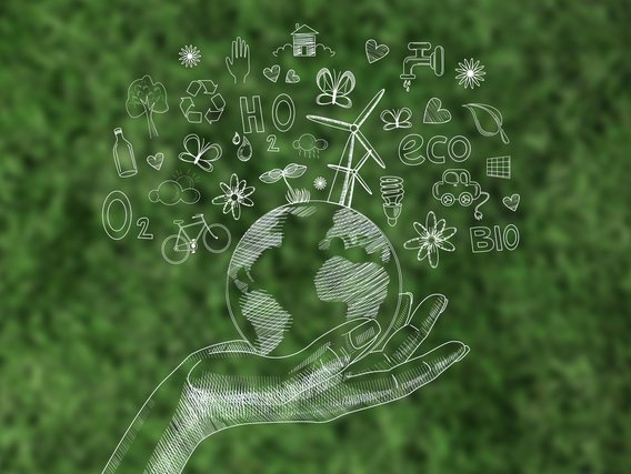 Ícones desenhados sobre o tema da sustentabilidade em um fundo verde