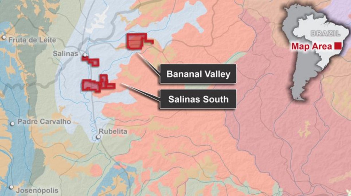 Mapa mostrando a localização do projeto de lítio de Salinas