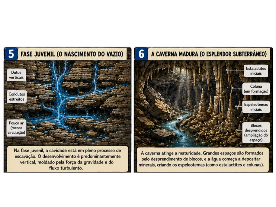 Figura: Infográfico "A Gênese de uma Caverna" . Fonte: Elaborado pelo autor (2026), com ilustrações geradas por Inteligência Artificial.