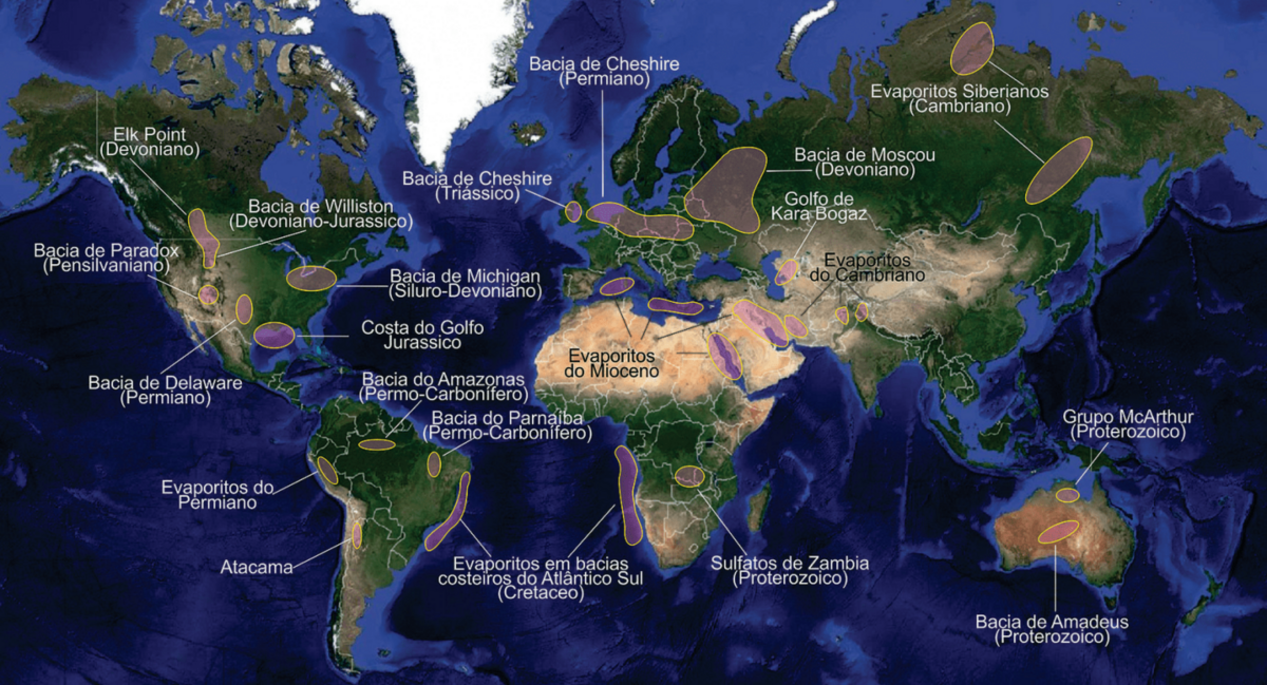 Mapa mundial com os maiores e mais importantes depósitos de evaporito