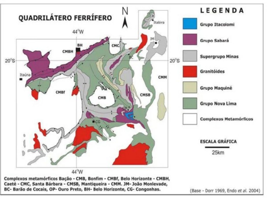 Mapa geológico do Quadrilátero Ferrífero simplificado. Imagem: Research Gate
