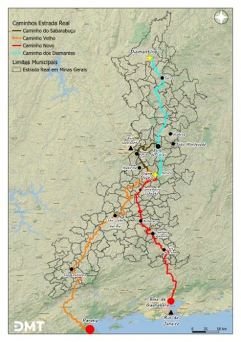 Os quatro principais trajetos que compõem a Estrada Real. Imagem: Elaborado pelo autor.