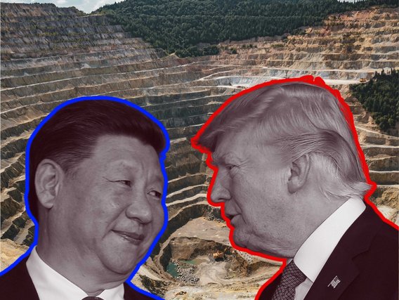 Xi Jinping - Presidente da China e Donald Trump - Presidente dos Estados Unidos as cabeças de Trump e Xi Jinping em frente a uma mina a céu aberto