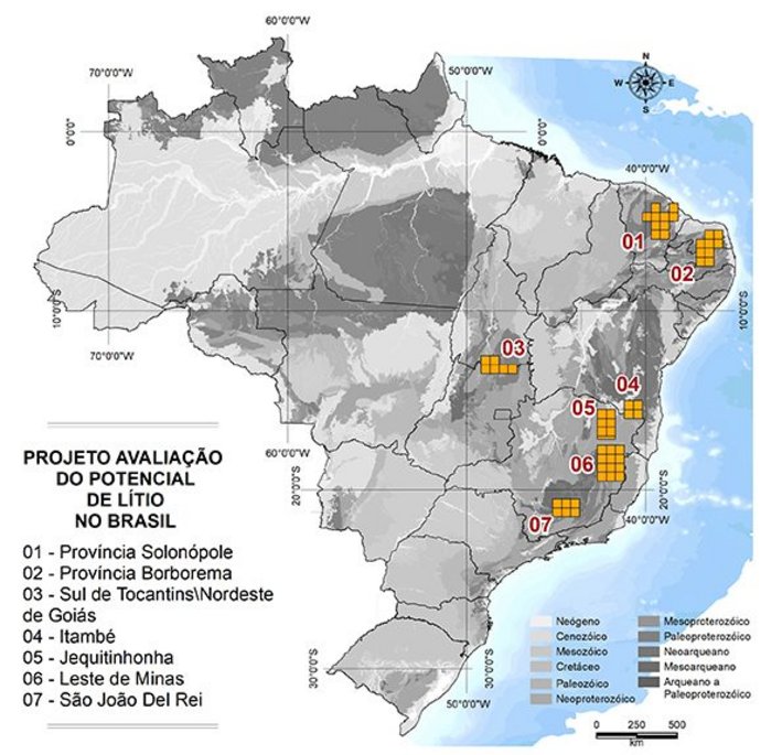 Mapa mostrando a distribuição das áreas de pegmatitos mais importantes do Brasil