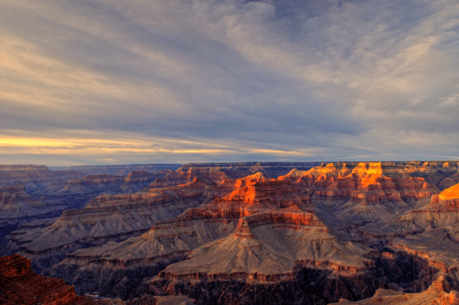 Layers of horizontal sedimentary rocks from the Paleozoic Era form most of the rocks in the canyon. Layers of horizontal sedimentary rocks from the Paleozoic Era form most of the rocks in the canyon.