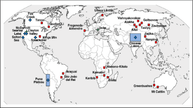 Location of major lithium deposits in pegmatites and brines worldwide. Source: Kesler et al. (2012). Shaded rectangles represent the distribution of salt flats in South America and China. Location of major lithium deposits in pegmatites and brines worldwide. Source: Kesler et al. (2012). Shaded rectangles represent the distribution of salt flats in South America and China.