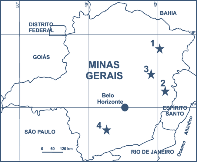 Map of Minas Gerais showing the distribution of areas with deposits and occurrences of lithium minerals in Minas Gerais Map of Minas Gerais showing the distribution of areas with deposits and occurrences of lithium minerals in Minas Gerais